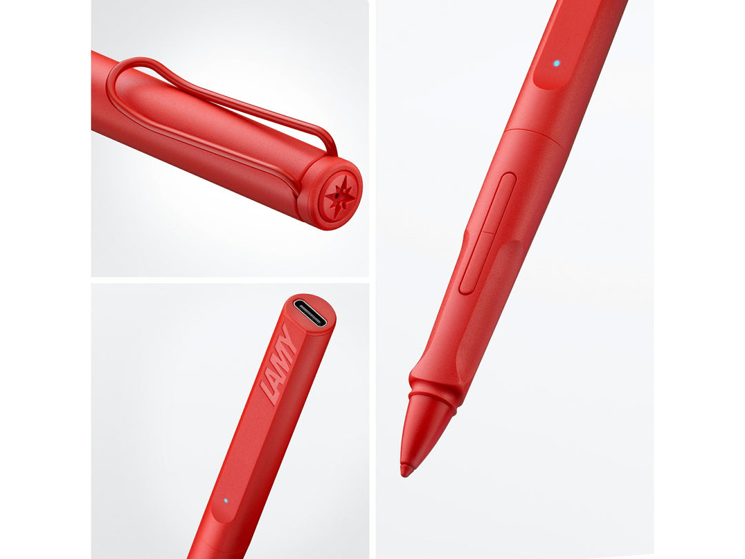 LAMY safari note+ Digital Writing Pen Red feature collage showing ergonomic grip, shortcut buttons, USB-C charging and signature safari clip