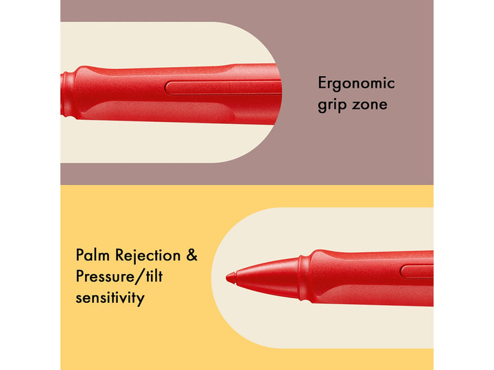 LAMY safari note+ Digital Writing Pen Red feature graphic showing ergonomic grip zone, palm rejection and pressure and tilt sensitivity
