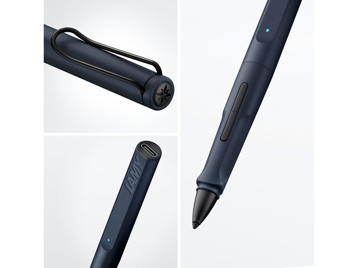 LAMY safari note+ Digital Writing Pen Steel Black feature collage showing ergonomic grip, shortcut buttons, USB-C charging and signature safari clip