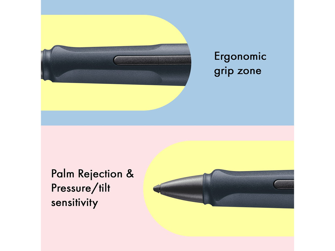 LAMY safari note+ Digital Writing Pen Steel Black feature graphic showing ergonomic grip zone, palm rejection and pressure and tilt sensitivity