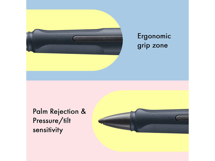 LAMY safari note+ Digital Writing Pen Steel Black feature graphic showing ergonomic grip zone, palm rejection and pressure and tilt sensitivity
