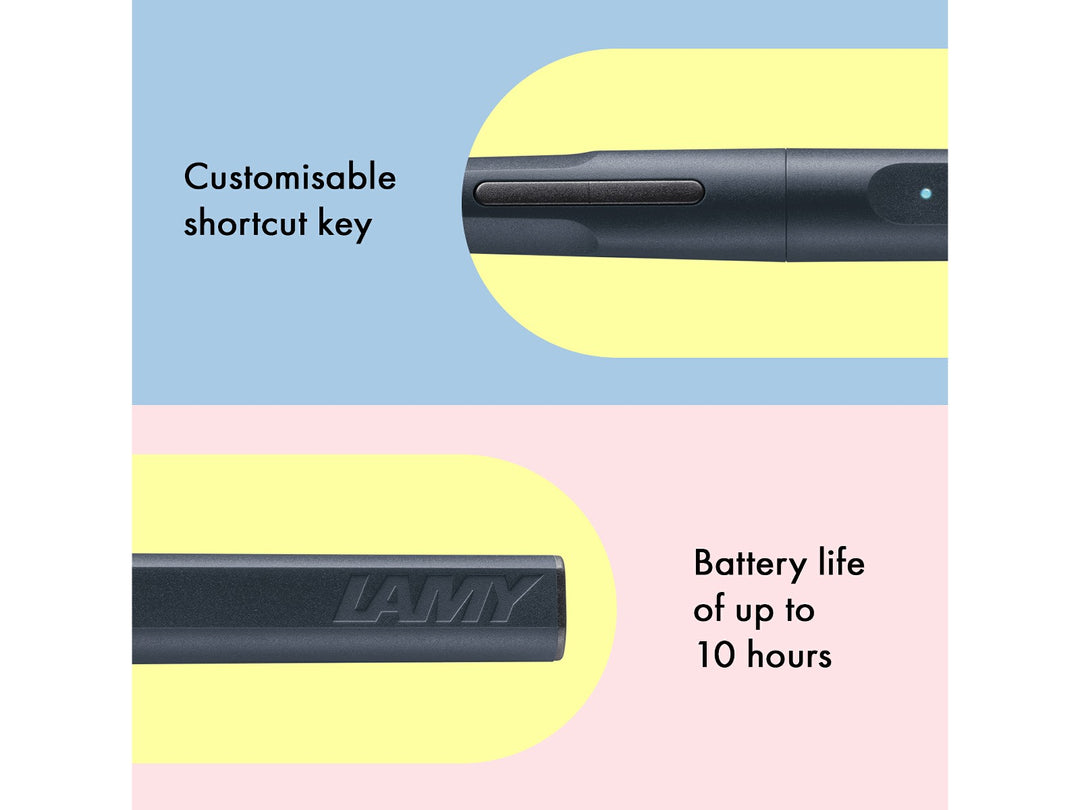 LAMY safari note+ Digital Writing Pen Steel Black customisable shortcut key and 10-hour battery life feature graphic