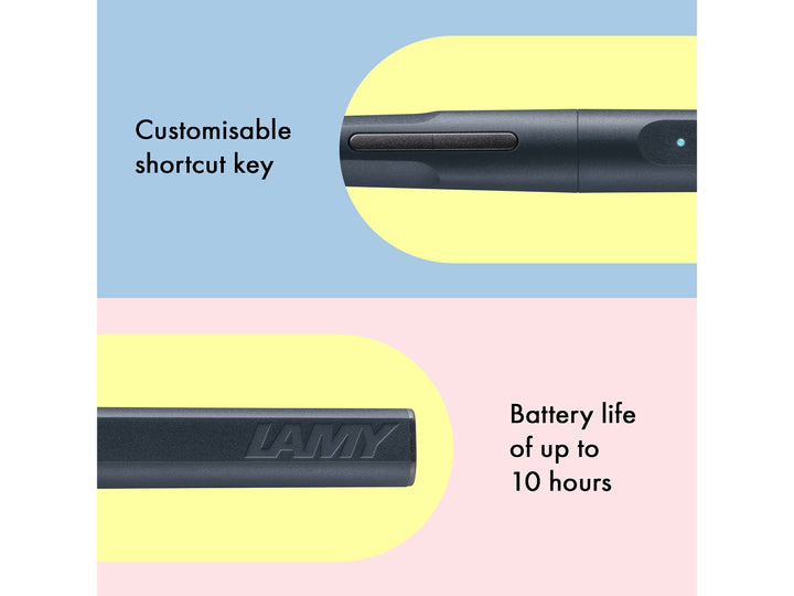 LAMY safari note+ Digital Writing Pen Steel Black customisable shortcut key and 10-hour battery life feature graphic