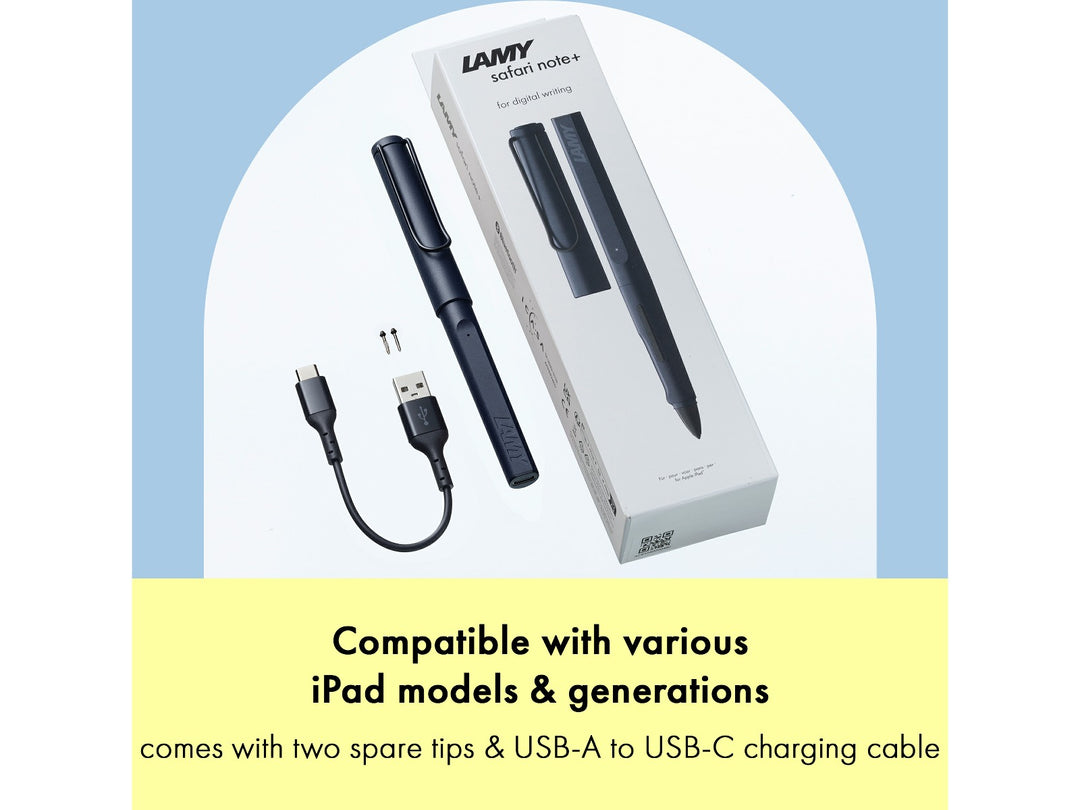 LAMY safari note+ Digital Writing Pen Steel Black iPad compatibility and included accessories feature graphic