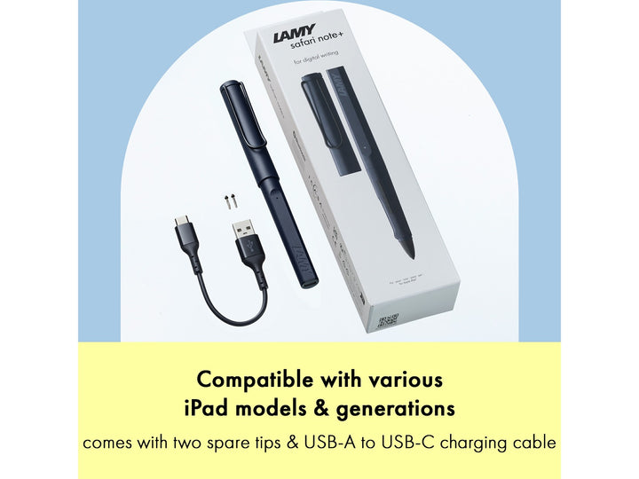 LAMY safari note+ Digital Writing Pen Steel Black iPad compatibility and included accessories feature graphic