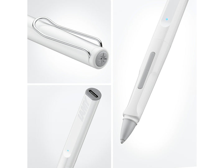 LAMY safari note+ Digital Writing Pen White feature collage showing ergonomic grip, shortcut buttons, USB-C charging and signature safari clip