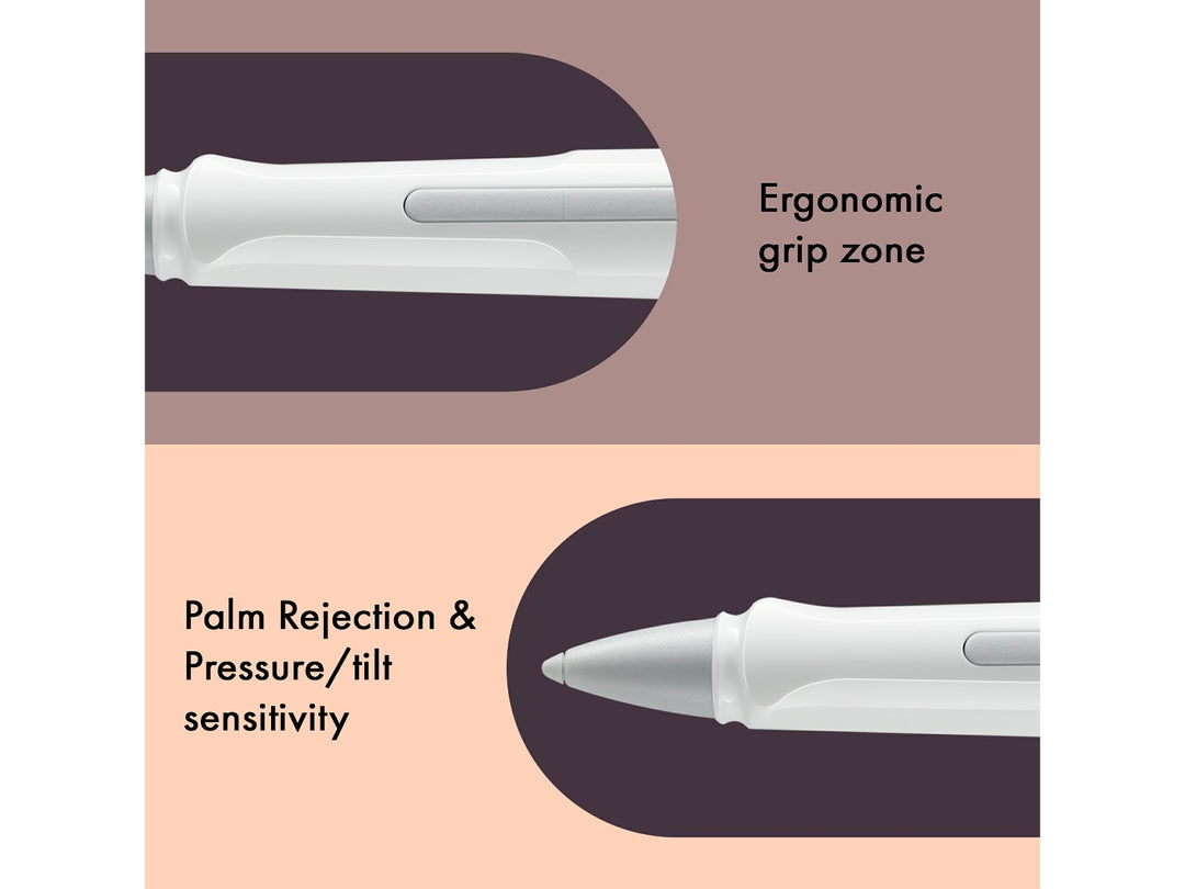 LAMY safari note+ Digital Writing Pen White feature graphic showing ergonomic grip zone, palm rejection and pressure and tilt sensitivity