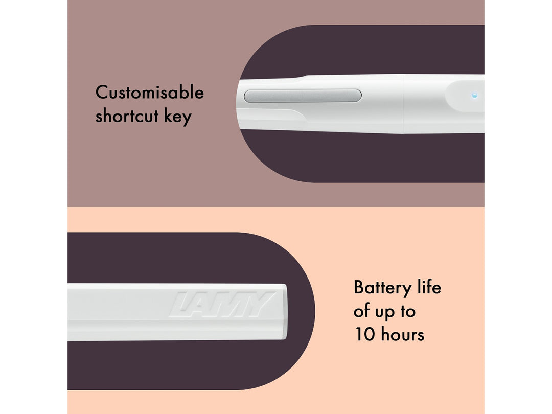 LAMY safari note+ Digital Writing Pen White customisable shortcut key and 10-hour battery life feature graphic