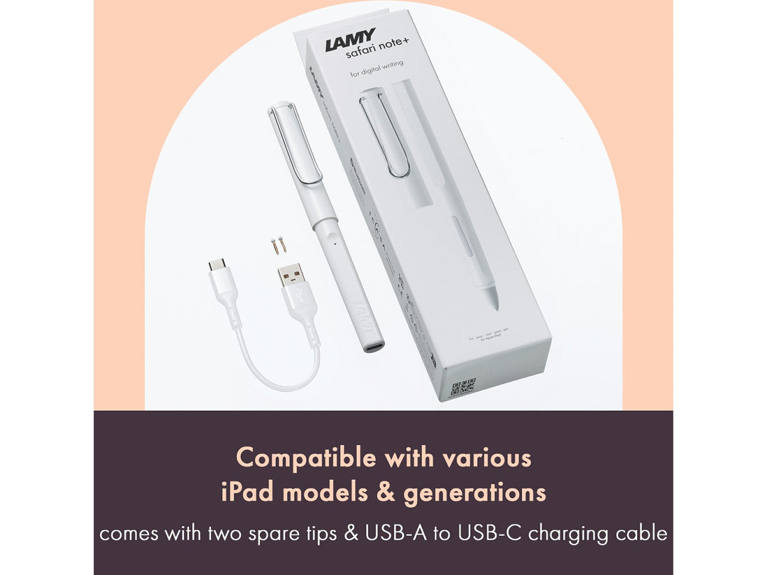 LAMY safari note+ Digital Writing Pen White iPad compatibility and included accessories feature graphic
