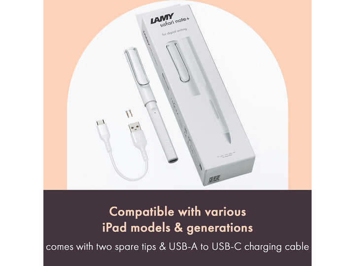 LAMY safari note+ Digital Writing Pen White iPad compatibility and included accessories feature graphic