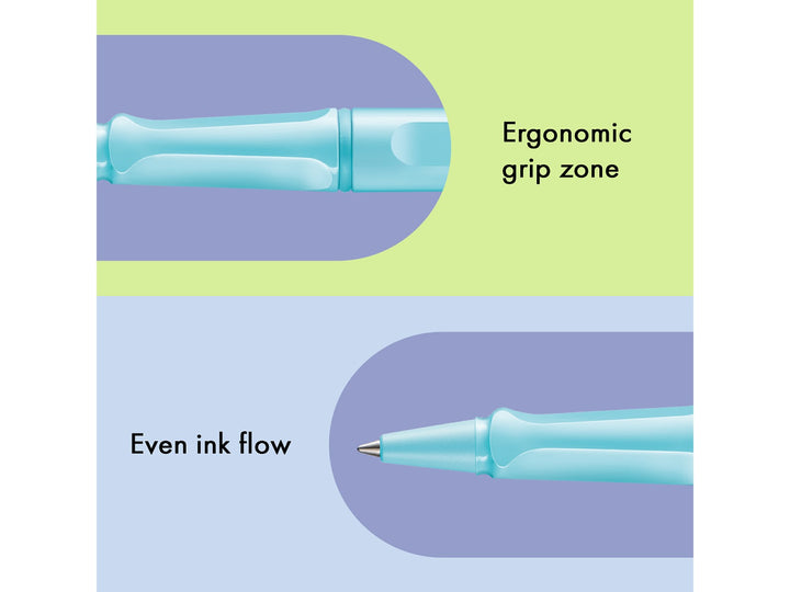 LAMY safari rollerball pen feature graphic showing ergonomic moulded grip section and smooth rollerball writing performance in aquasky finish