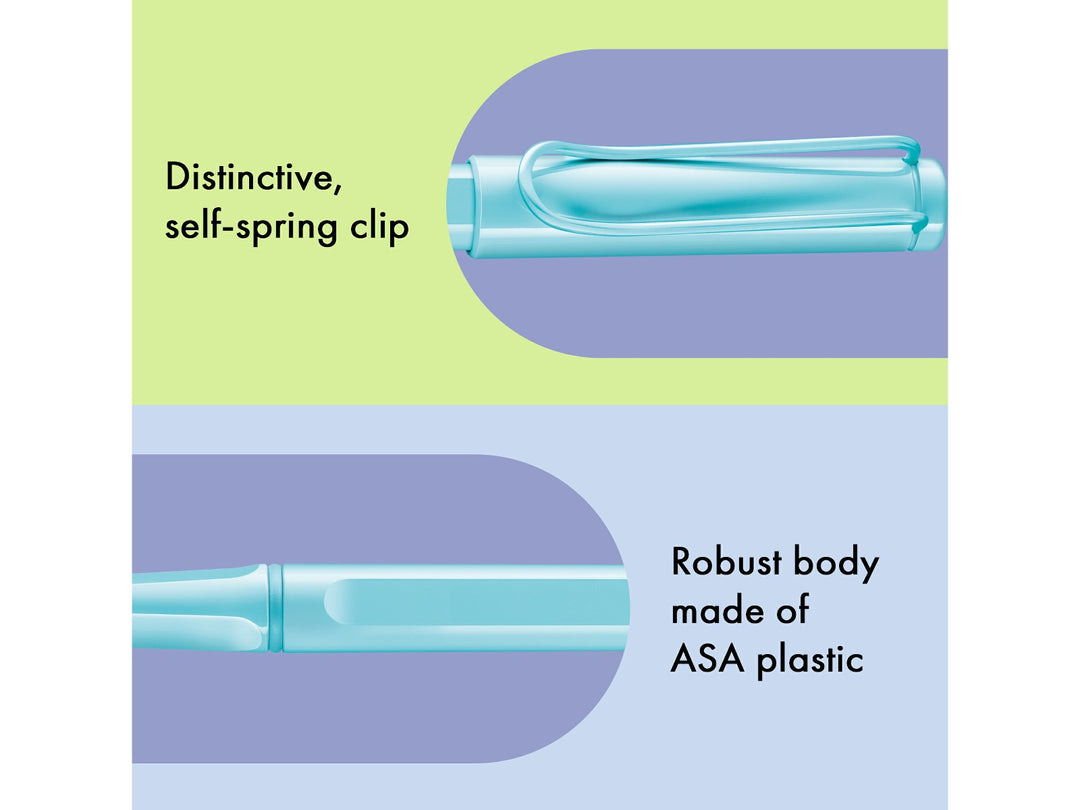 LAMY safari rollerball pen feature graphic showing spring-loaded metal clip and durable ASA plastic body construction in aquasky finish