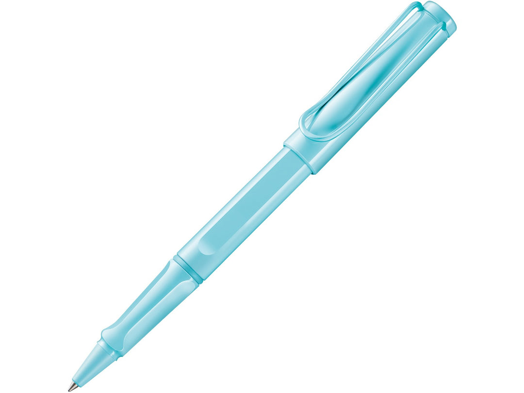 LAMY safari rollerball pen in aquasky blue with ergonomic grip section and spring-loaded metal clip