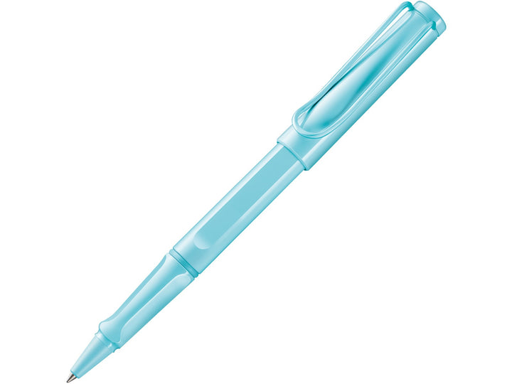 LAMY safari rollerball pen in aquasky blue with ergonomic grip section and spring-loaded metal clip