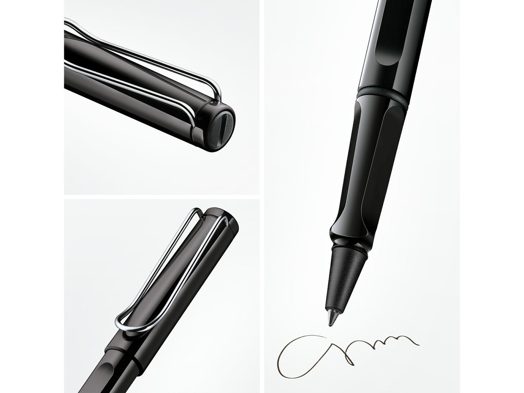 LAMY safari rollerball pen detail collage in black showing ergonomic moulded grip section, spring-loaded metal clip and smooth rollerball writing tip