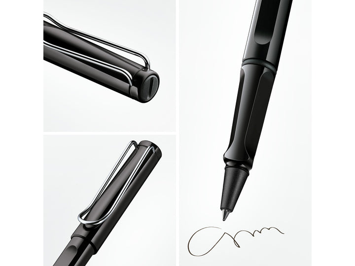 LAMY safari rollerball pen detail collage in black showing ergonomic moulded grip section, spring-loaded metal clip and smooth rollerball writing tip