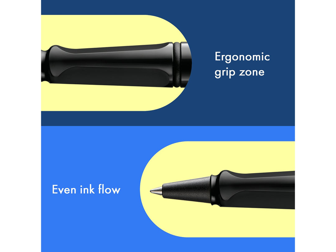 LAMY safari rollerball pen feature graphic showing ergonomic moulded grip section and smooth rollerball writing performance in black finish