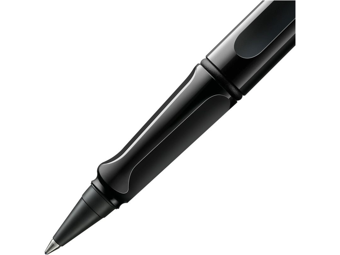 LAMY safari rollerball pen grip detail with ergonomic moulded grip section and rollerball writing tip in black finish