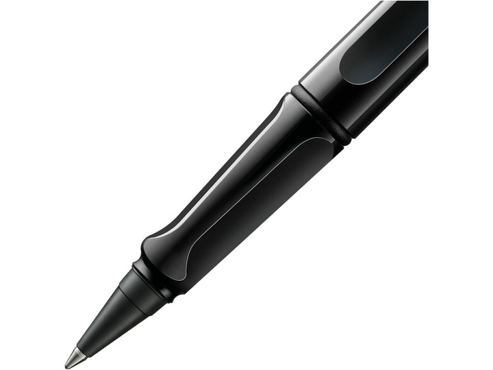 LAMY safari rollerball pen grip detail with ergonomic moulded grip section and rollerball writing tip in black finish