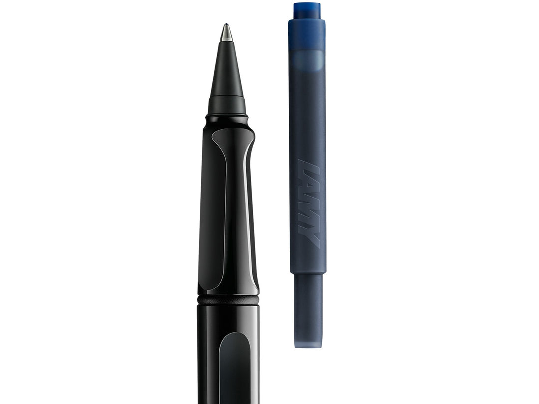 LAMY safari rollerball pen with removable rollerball section and compatible LAMY T10 ink cartridge