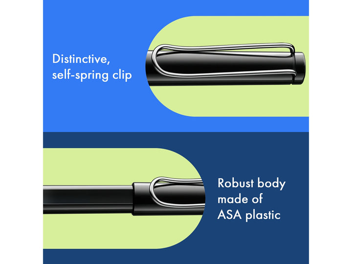 LAMY safari rollerball pen feature graphic showing spring-loaded metal clip and durable ASA plastic body construction in black finish