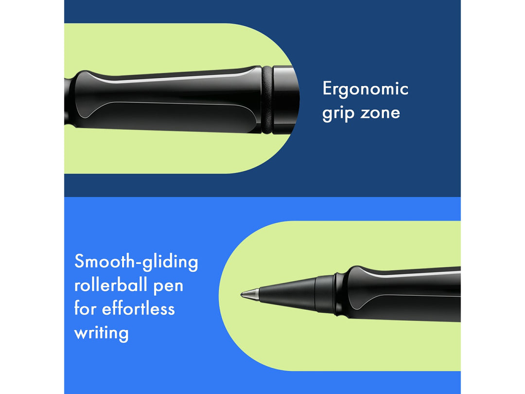 LAMY safari roll-ink rollerball pen feature graphic showing ergonomic moulded grip section and smooth liquid ink rollerball writing performance