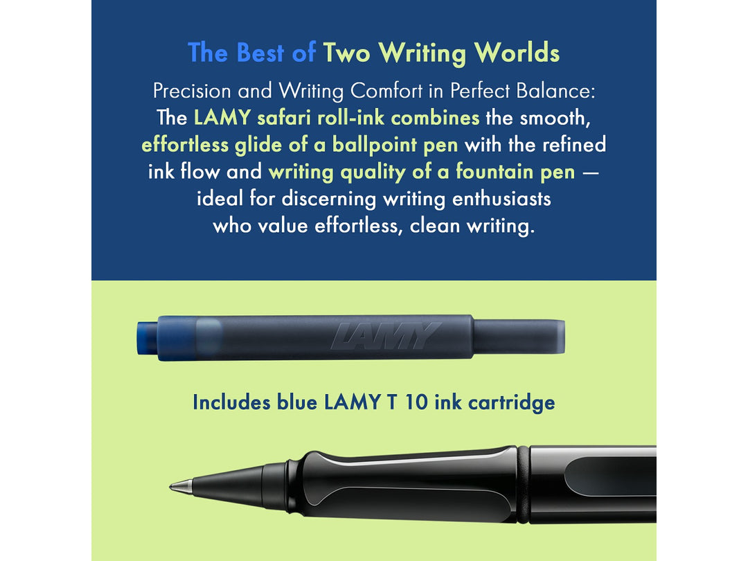 LAMY safari roll-ink rollerball pen feature graphic showing compatible LAMY T10 ink cartridge and liquid ink rollerball writing system