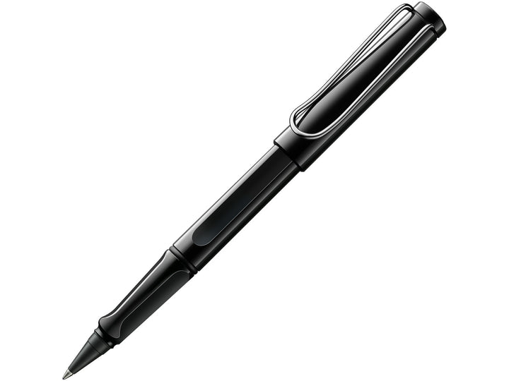 LAMY safari rollerball pen with black ASA plastic body, ergonomic grip section and spring-loaded metal clip
