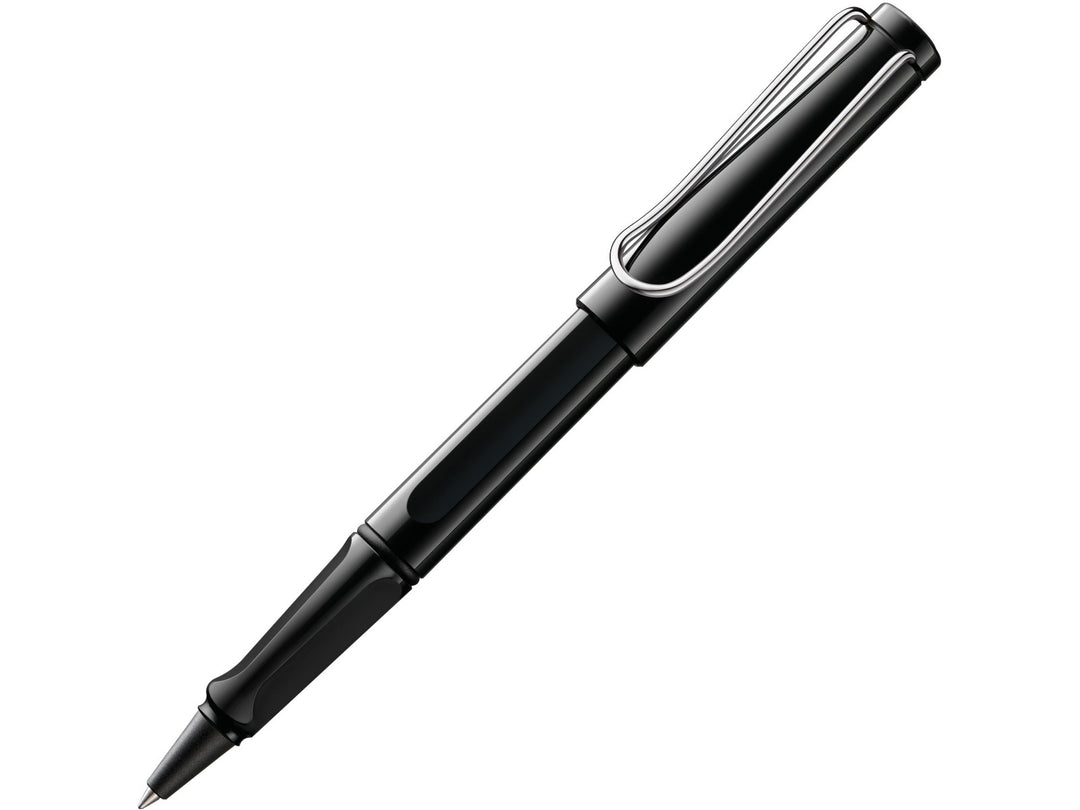 LAMY safari rollerball pen in black with ergonomic grip section and spring-loaded metal clip