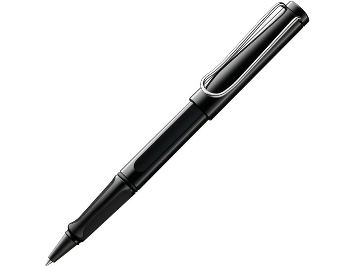 LAMY safari rollerball pen in black with ergonomic grip section and spring-loaded metal clip