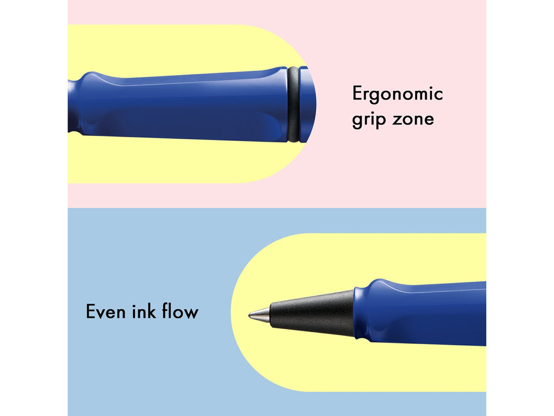 LAMY safari rollerball pen feature graphic showing ergonomic moulded grip section and smooth rollerball writing performance in blue finish