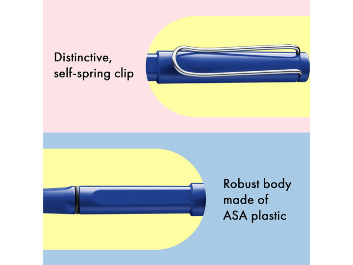 LAMY safari rollerball pen feature graphic showing spring-loaded metal clip and durable ASA plastic body construction in blue finish
