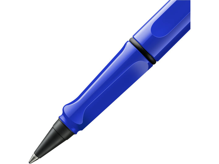 LAMY safari rollerball pen grip detail with ergonomic moulded grip section and rollerball writing tip in blue finish