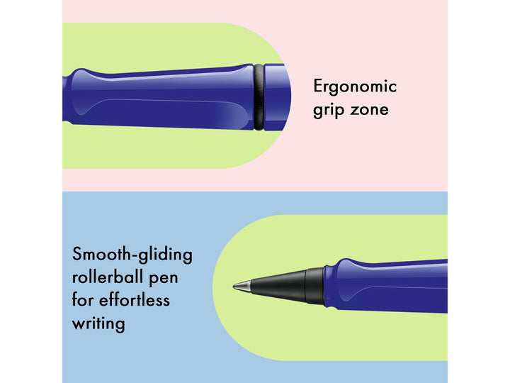 LAMY safari roll-ink rollerball pen feature graphic showing ergonomic moulded grip section and smooth liquid ink rollerball writing performance