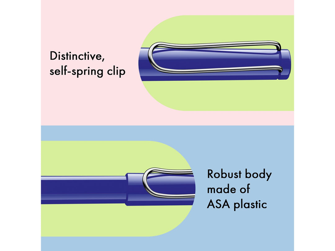 LAMY safari rollerball pen feature graphic showing spring-loaded metal clip and durable ASA plastic body construction in blue finish