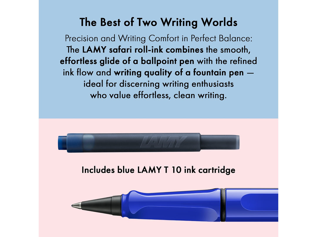 LAMY safari roll-ink rollerball pen feature graphic showing compatible LAMY T10 ink cartridge and liquid ink rollerball writing system