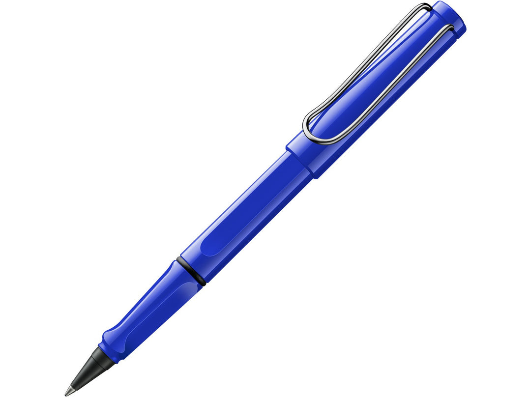 LAMY safari rollerball pen with blue ASA plastic body, ergonomic grip section and spring-loaded metal clip