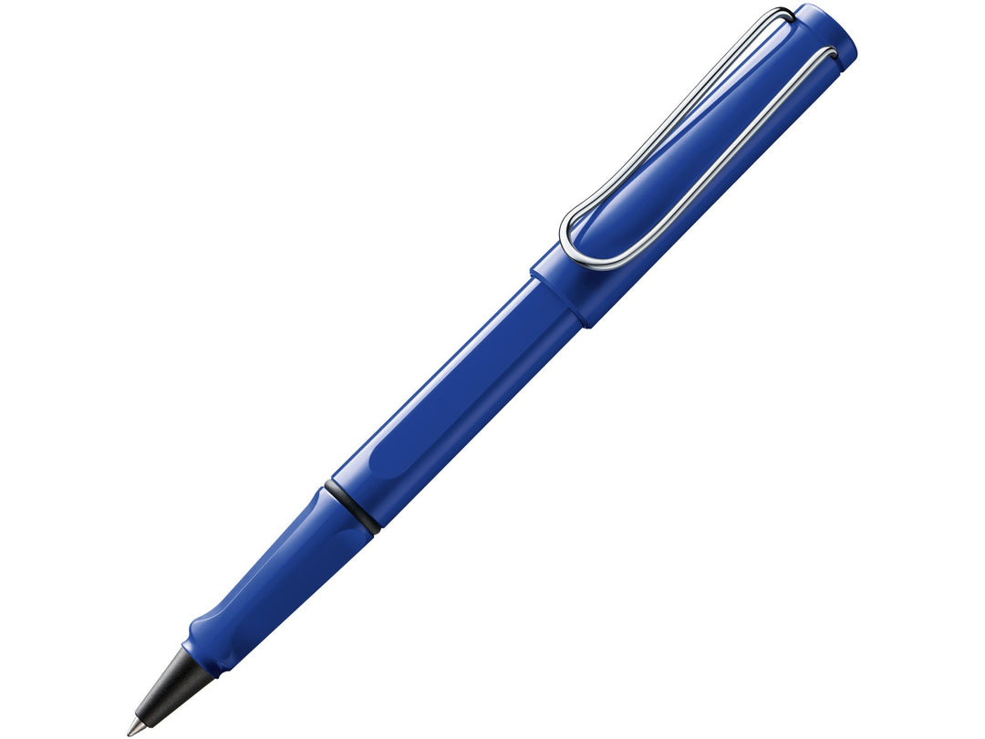 LAMY safari rollerball pen in blue with ergonomic grip section and spring-loaded metal clip
