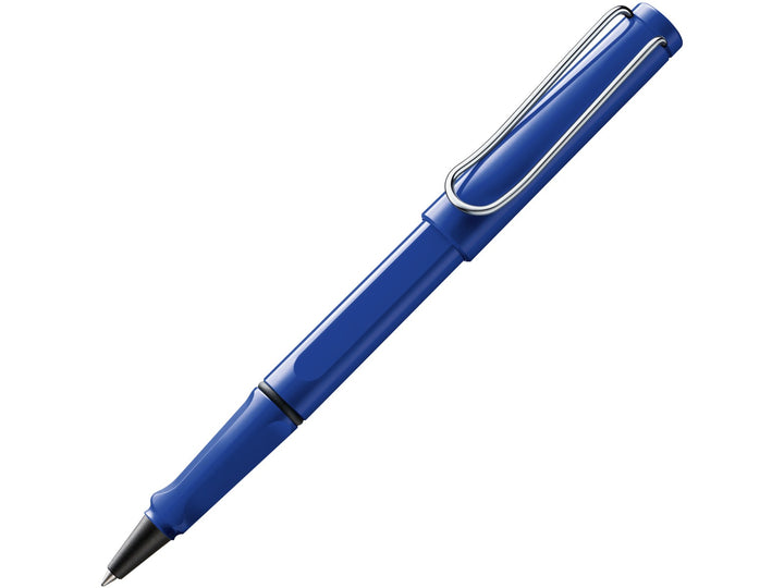 LAMY safari rollerball pen in blue with ergonomic grip section and spring-loaded metal clip