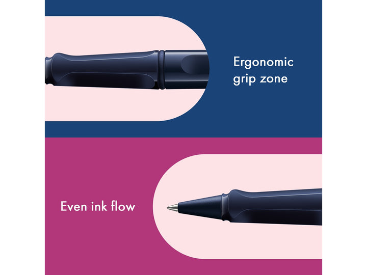 LAMY safari Rollerball Pen Dark Dusk Special Edition feature graphic showing ergonomic grip section and smooth rollerball writing performance