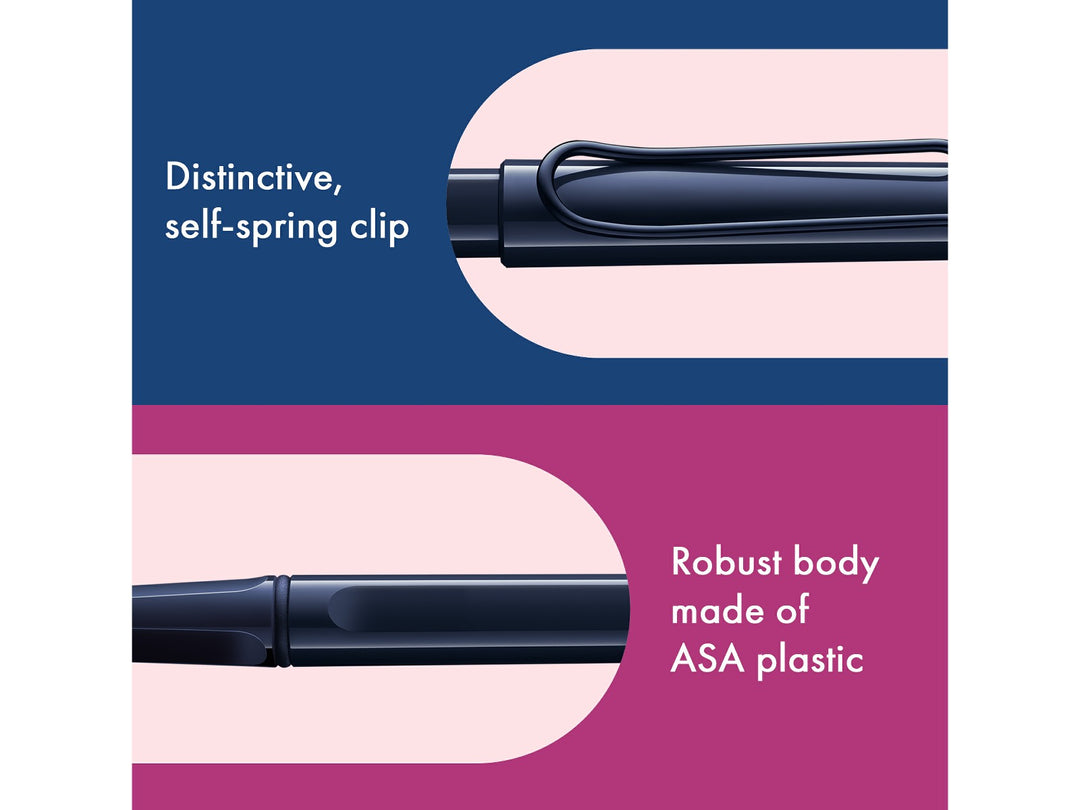 LAMY safari Rollerball Pen Dark Dusk Special Edition feature graphic showing spring-loaded metal clip and durable ASA plastic body construction