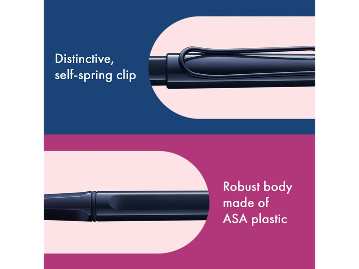 LAMY safari Rollerball Pen Dark Dusk Special Edition feature graphic showing spring-loaded metal clip and durable ASA plastic body construction