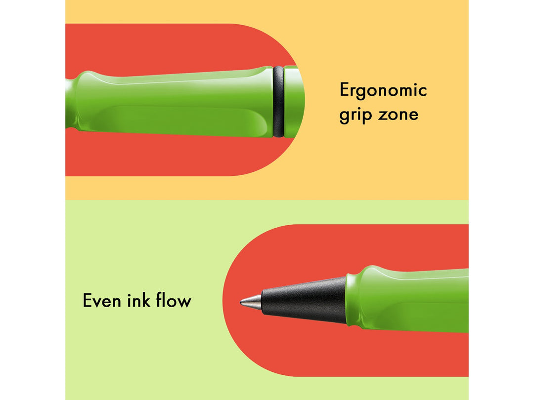 LAMY safari rollerball pen feature graphic showing ergonomic moulded grip section and smooth rollerball writing performance in green finish