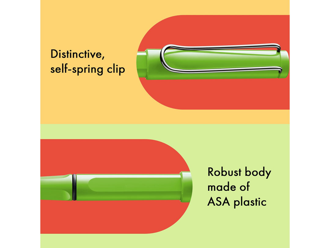 LAMY safari rollerball pen feature graphic showing spring-loaded metal clip and durable ASA plastic body construction in green finish