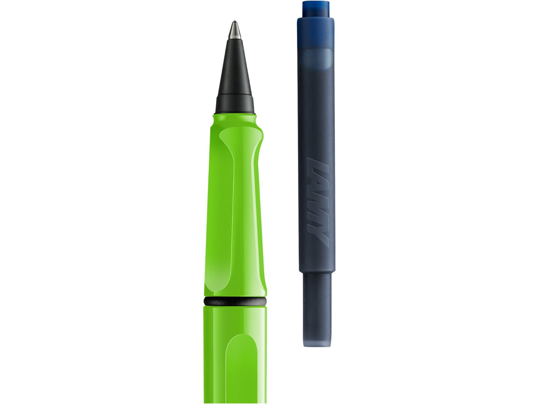LAMY safari rollerball pen with removable rollerball section and compatible LAMY T10 ink cartridge