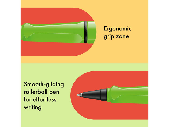 LAMY safari roll-ink rollerball pen feature graphic showing ergonomic moulded grip section and smooth liquid ink rollerball writing performance