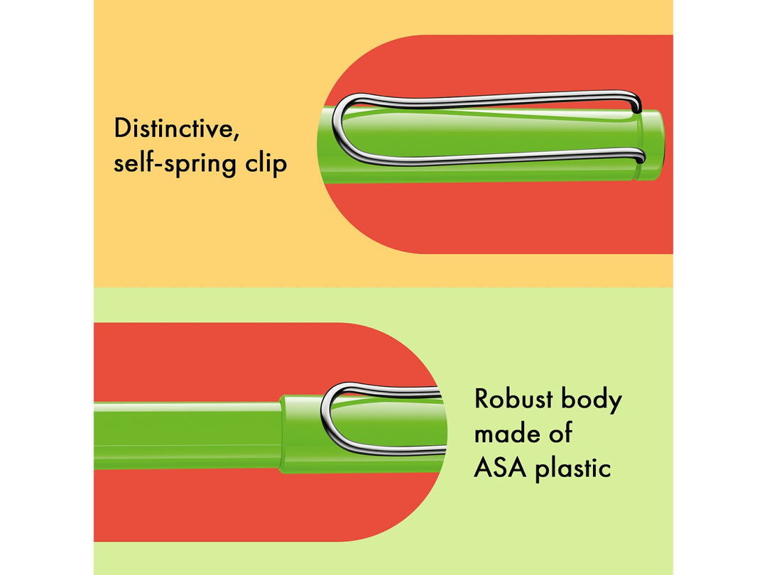 LAMY safari rollerball pen feature graphic showing spring-loaded metal clip and durable ASA plastic body construction in green finish