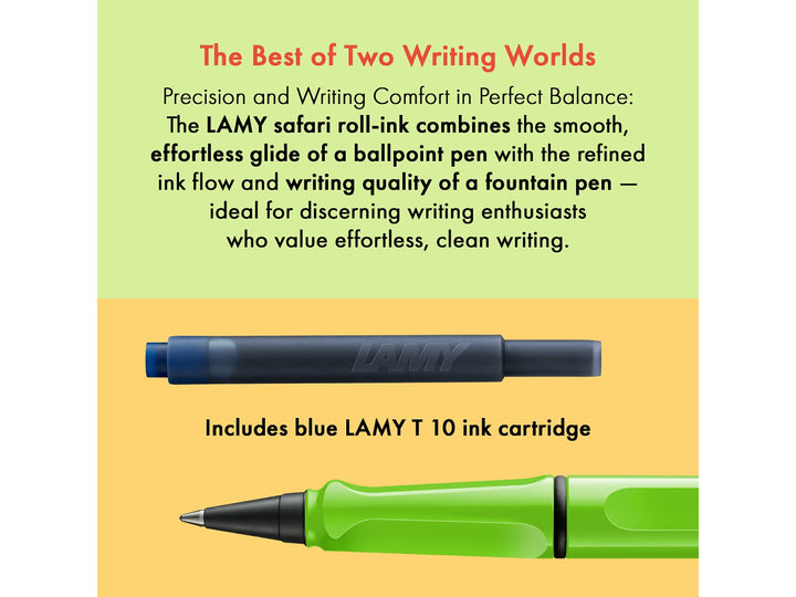 LAMY safari roll-ink rollerball pen feature graphic showing compatible LAMY T10 ink cartridge and liquid ink rollerball writing system