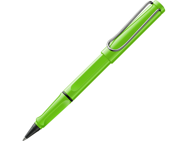 LAMY safari rollerball pen with green ASA plastic body, ergonomic grip section and spring-loaded metal clip