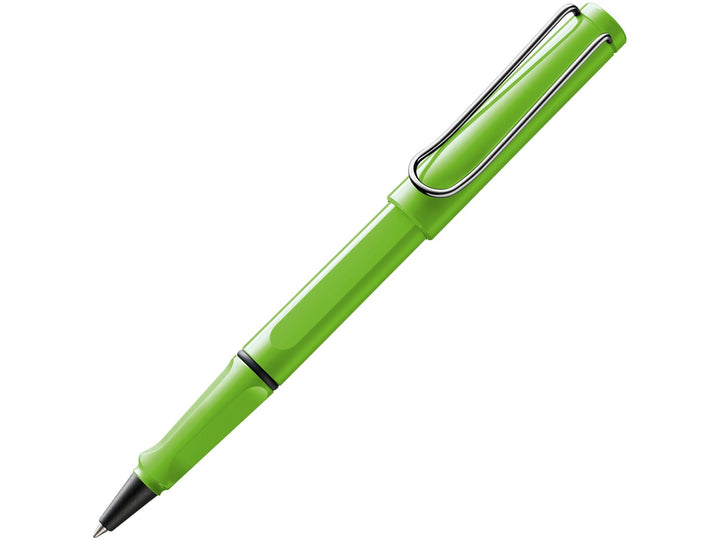 LAMY safari rollerball pen in green with ergonomic grip section and spring-loaded metal clip